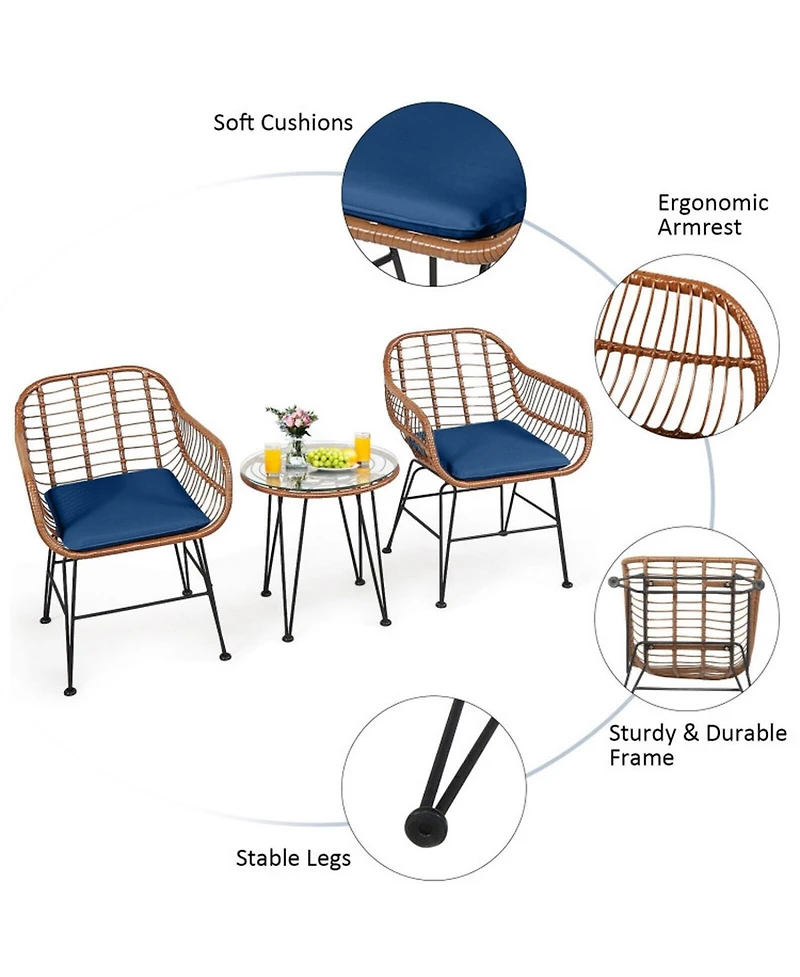 Gouun Outdoor Rattan Bistro Conversation Set with Round Glass Side Table