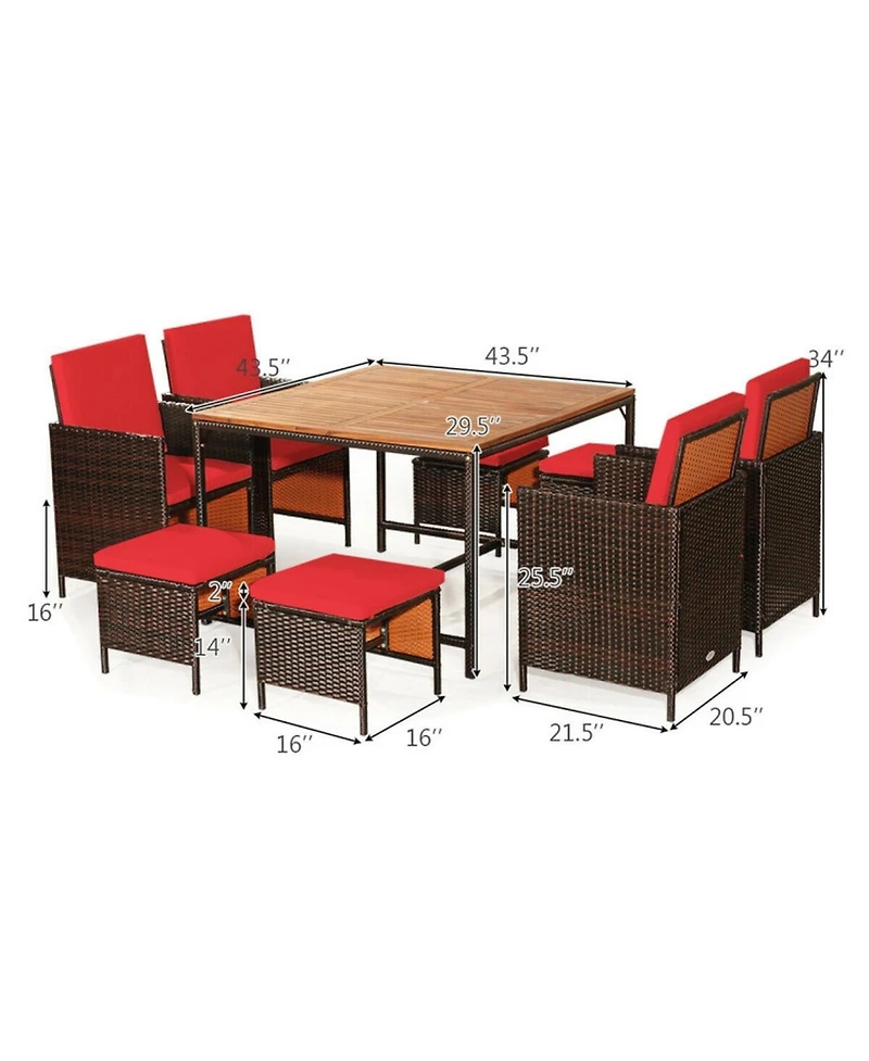 Gouun 9 Piece Outdoor Wicker Patio Dining Set with Acacia Wood Tabletop, 4 Chairs and 4 Ottomans
