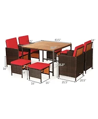 Gouun 9 Piece Outdoor Wicker Patio Dining Set with Acacia Wood Tabletop, 4 Chairs and 4 Ottomans