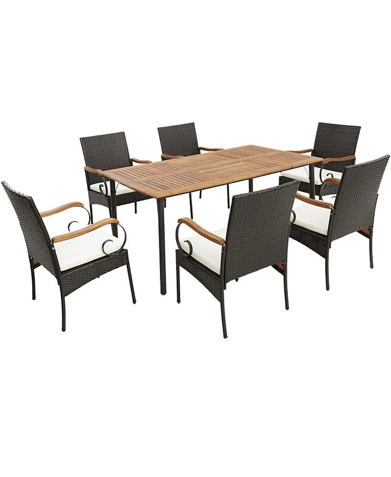 Gouun 7 Piece Outdoor Wicker Dining Set with Detachable Cushions, Acacia Table and Umbrella Hole