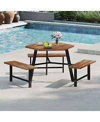 Gouun 6-Person Outdoor Acacia Wood Picnic Table and Bench Set with Umbrella Hole