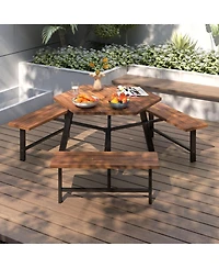 Gouun 6-Person Outdoor Acacia Wood Picnic Table and Bench Set with Umbrella Hole