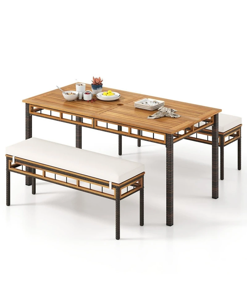 Gouun 3-Piece Acacia Wood Patio Dining Set with Pe Rattan Benches for Deck and Backyard