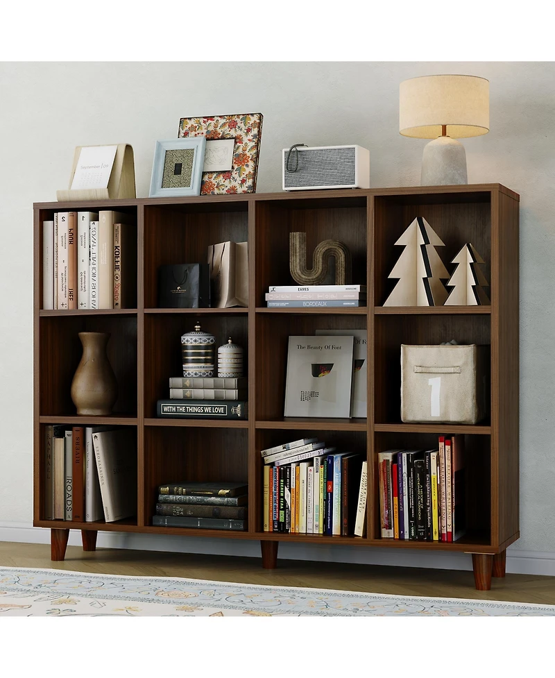 homfan 12 Cube Bookcase, 3-Tier Open Bookshelf with Wood Finish, Modern Storage Organizer for Home Office Living Room Bedroom