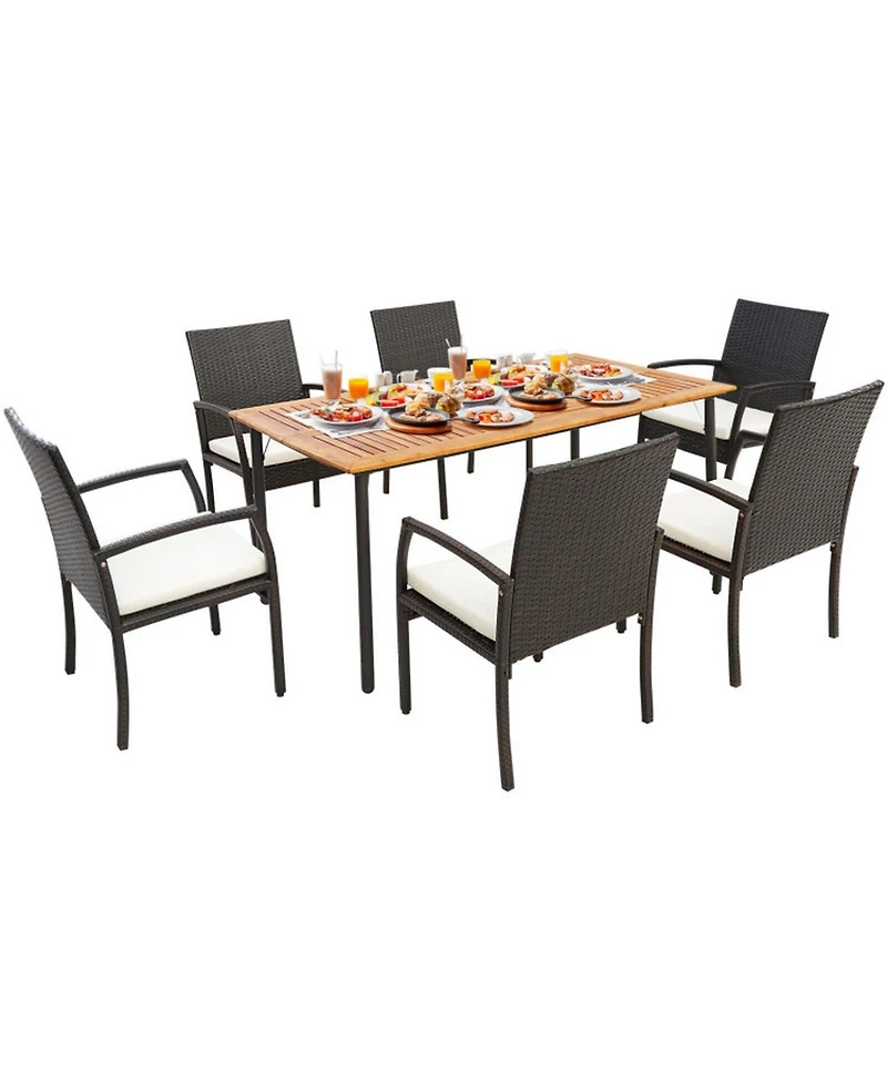 Gouun 7 Piece Outdoor Wicker Dining Set with 63 in Acacia Wood Table, Umbrella Hole and 6 Cushioned Chairs