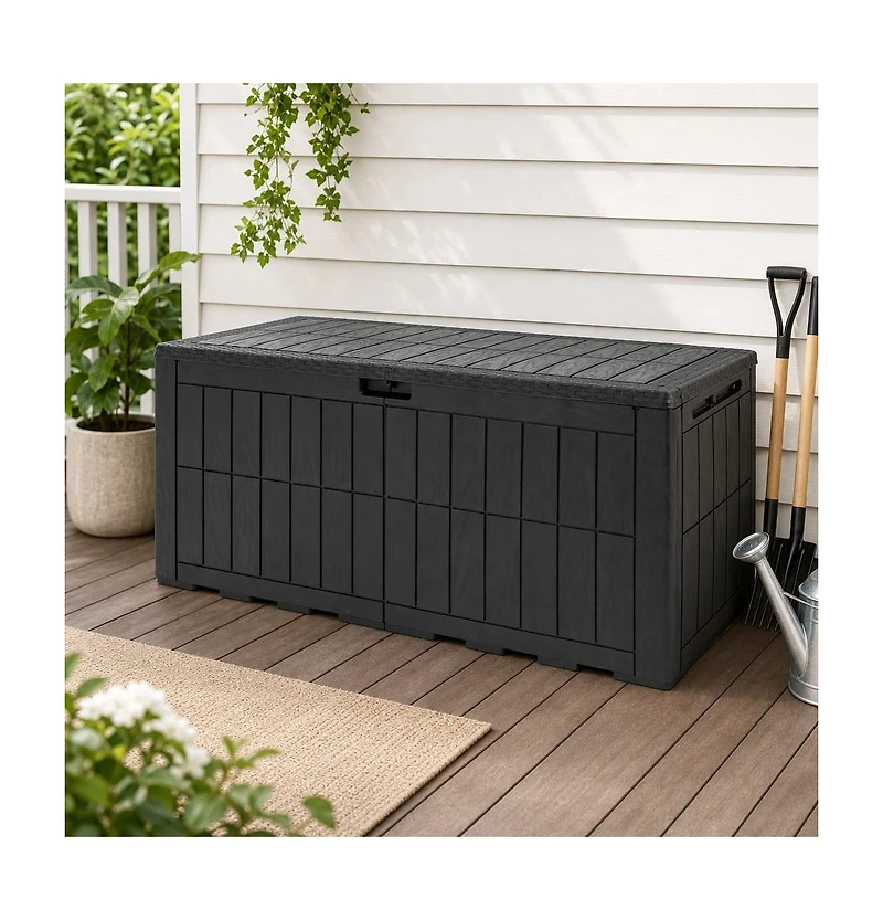 Gouun 120 Gal Outdoor Deck Box with Lid Handles and Bench Seating for 3 Adults