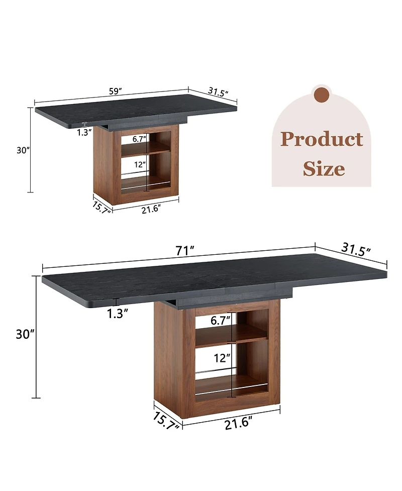 Clihome Extendable Dining Table with Storage, 59" to 71" Mdf Wood Seats 4-8
