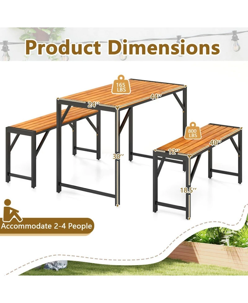 Gouun 3-Piece Outdoor Acacia Wood Patio Picnic Table and Bench Set for 4 People