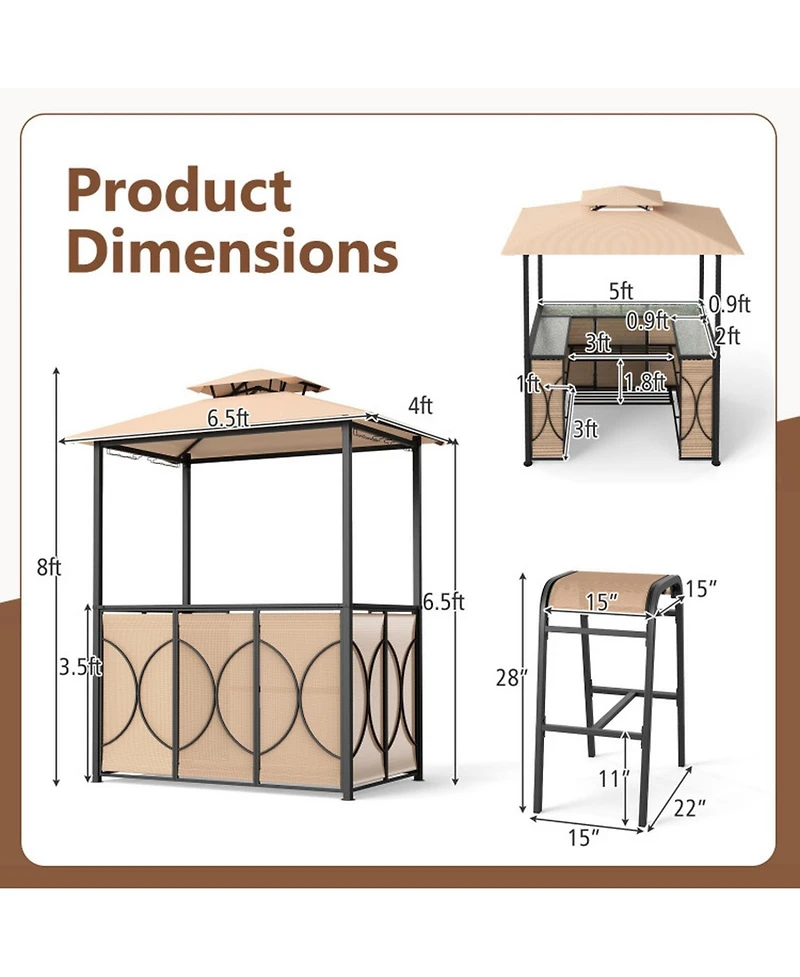 Gouun Outdoor 6.5 x 4 x 8 ft Grill Gazebo Set with Bar Table and 2 Padded Bar Stools