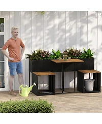 Gouun Outdoor Pe Rattan Patio Dining Set with Raised Garden Bed, 2 Chairs and Acacia Wood Table