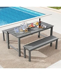 Gouun 3 Piece Outdoor Patio Dining Set with 67 in Hdpe Table and 2 Backless Benches, Umbrella Hole