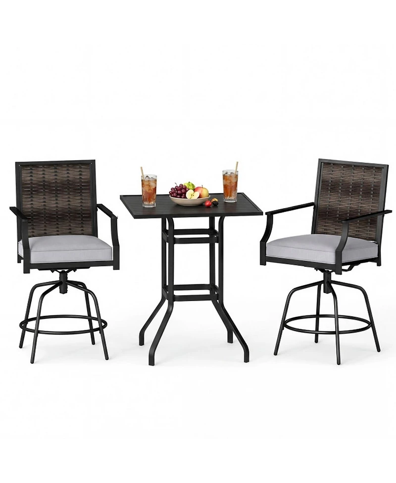 Gouun 3-Piece Outdoor Swivel Bar Set with High-Top Rattan Table and Cushioned Stools