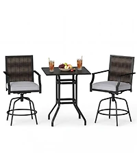 Gouun 3-Piece Outdoor Swivel Bar Set with High-Top Rattan Table and Cushioned Stools