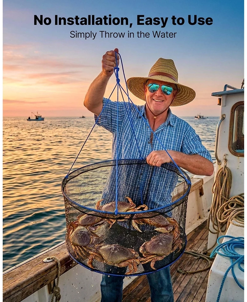 Hongge Double Ring Drop Net 31.5 in Fish-Friendly Foldable Pier Landing Trap with Rope and Storage Bag