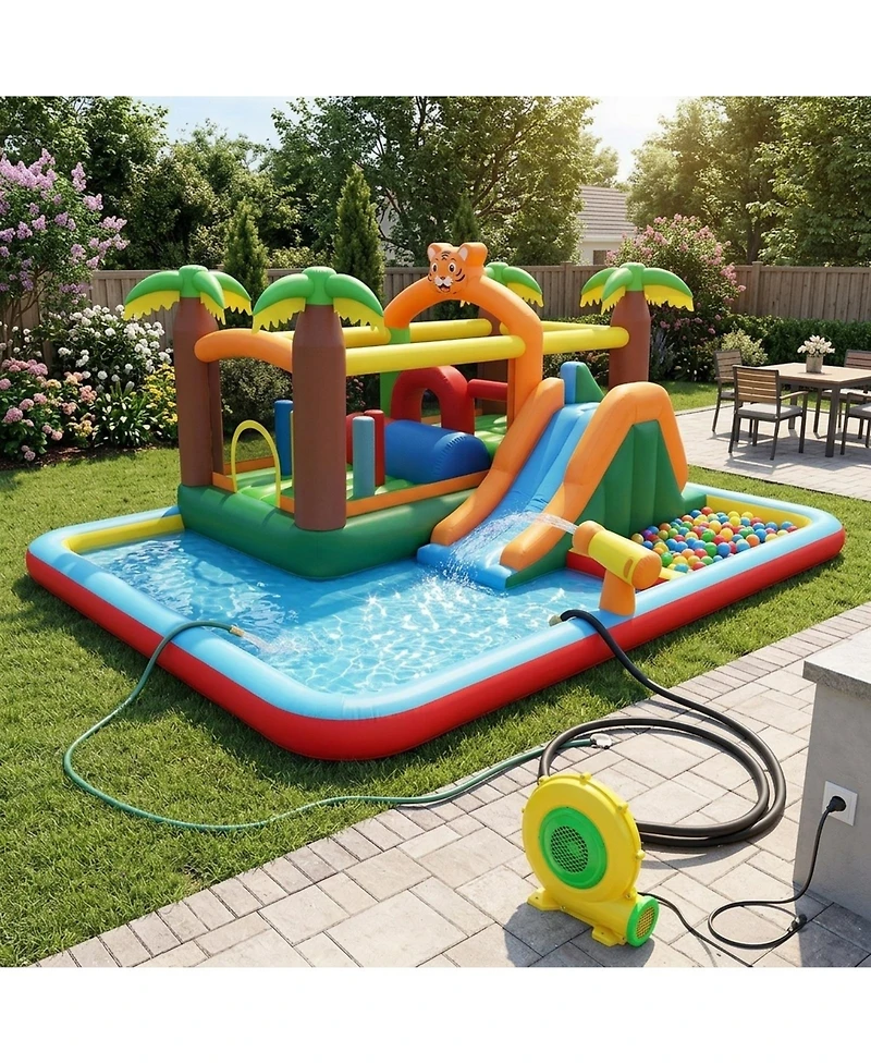 Hongge Tiger Inflatable Water Park Bounce House with Obstacle Course and Double Slides, 2 Blowers, Ages 3-12