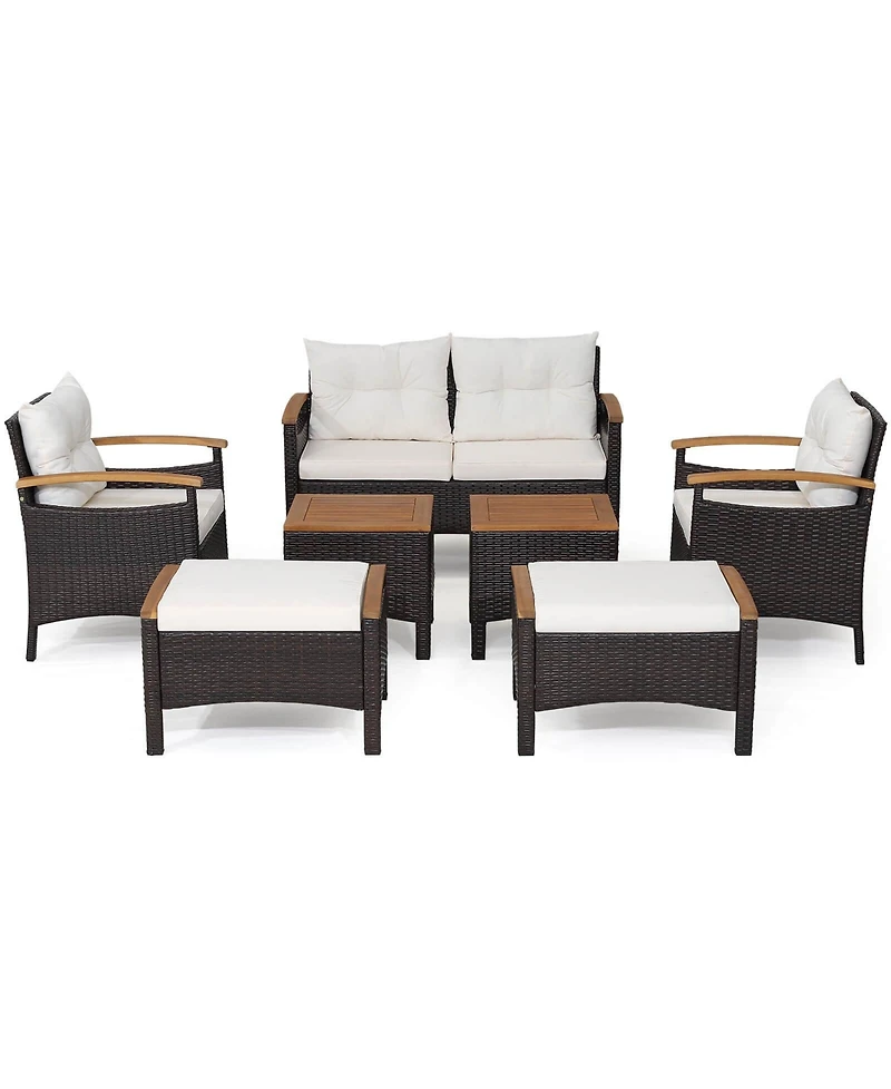 Slickblue 7-Piece Patio Furniture Set with Rattan Seating and Acacia Wood Table