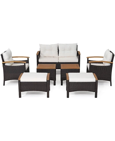 Slickblue 7-Piece Patio Furniture Set with Rattan Seating and Acacia Wood Table