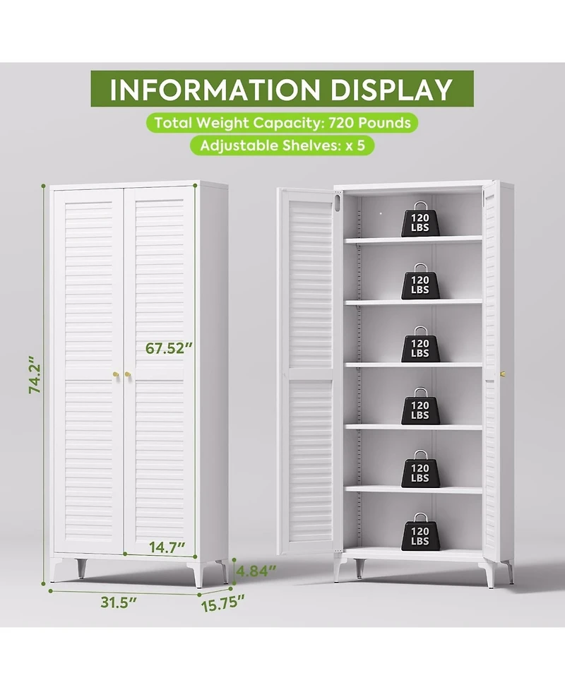 Boyel Living 74" Metal Kitchen Pantry Cabinet with Doors, Tall Storage Organizer with 5 Adjustable Shelves