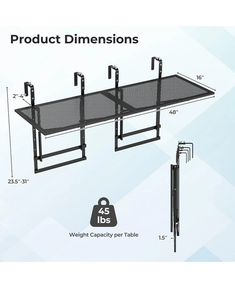 Sugift Set of 2.48in Balcony Railing Tables with 5-Level Adjustable Height for Patio and Deck