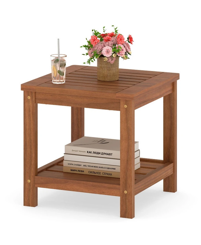 Gouun 2-Tier Outdoor Solid Wood Side Table with Storage Shelf and Round Corners, Slatted Top