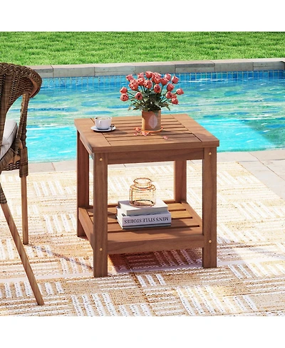 Gouun 2-Tier Outdoor Solid Wood Side Table with Storage Shelf and Round Corners, Slatted Top