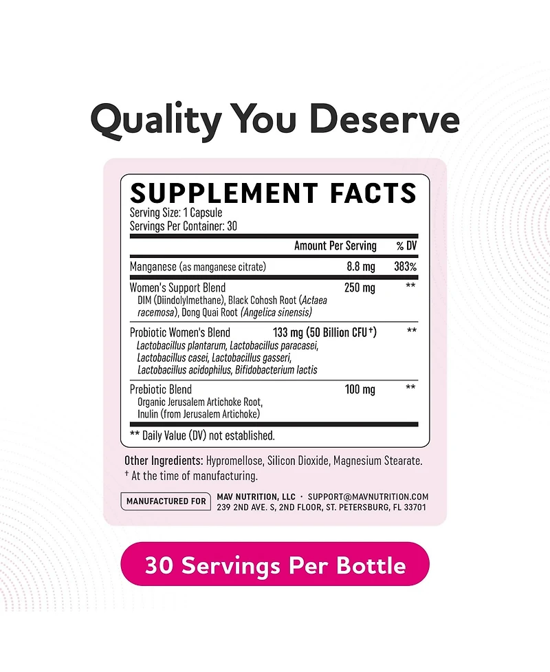 Mav Nutrition Probiotics for Women with Prebiotics and Hormone Blend, 50 Billion Cfu, 30 Capsules