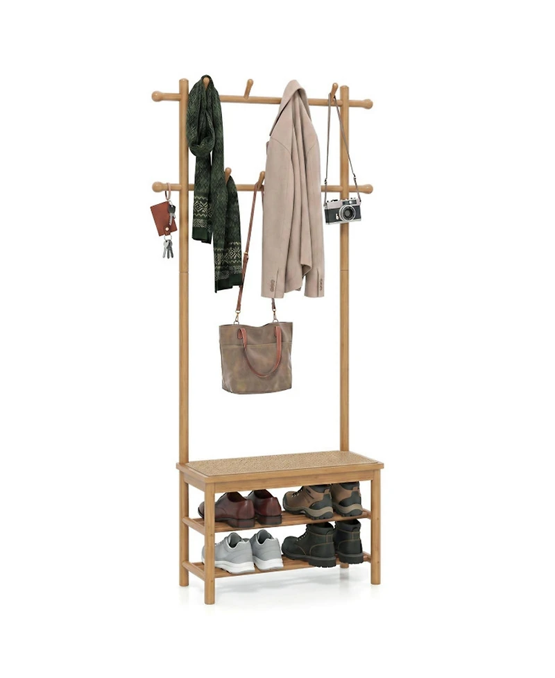Sugift 3-in-1 Bamboo Coat Rack Hall Tree with Bench and Shoe Storage