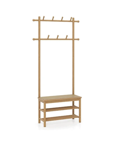 Sugift 3-in-1 Bamboo Coat Rack Hall Tree with Bench and Shoe Storage