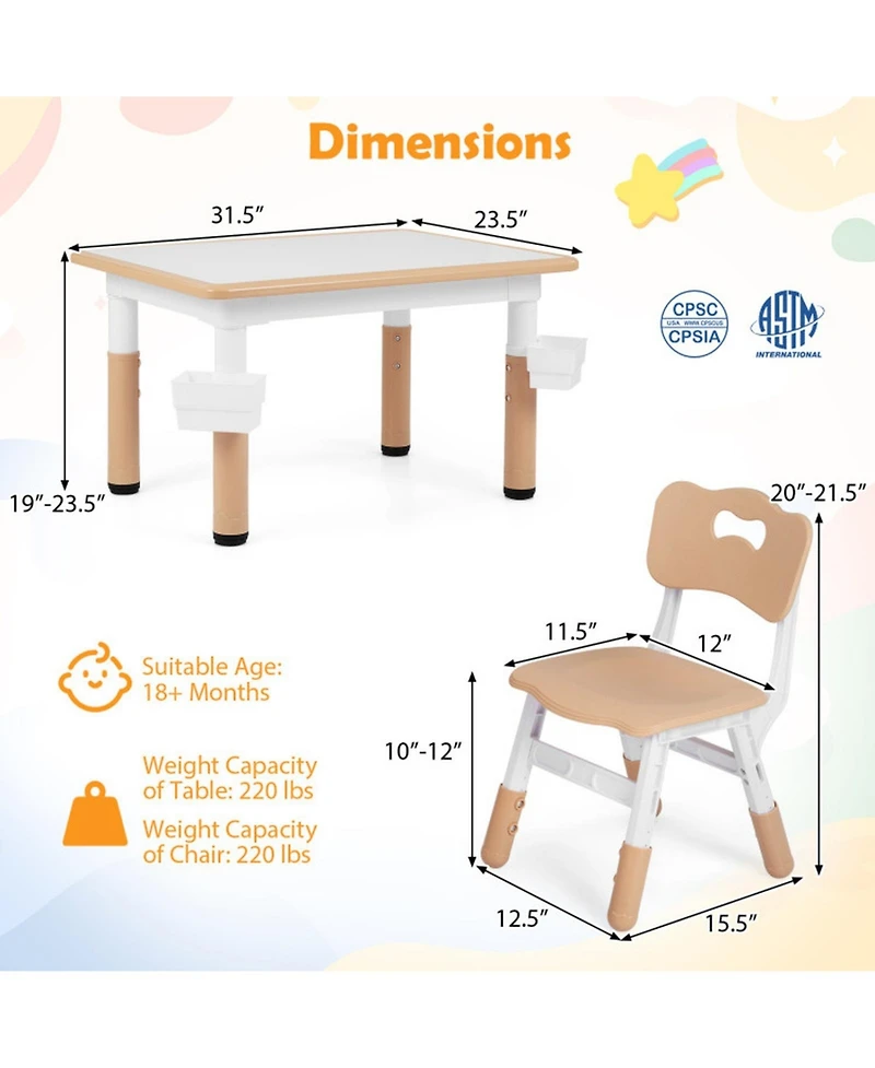 Sugift Height Adjustable Kids Table and 4 Chairs Set with Graffiti Desktop and 2 Storage Baskets