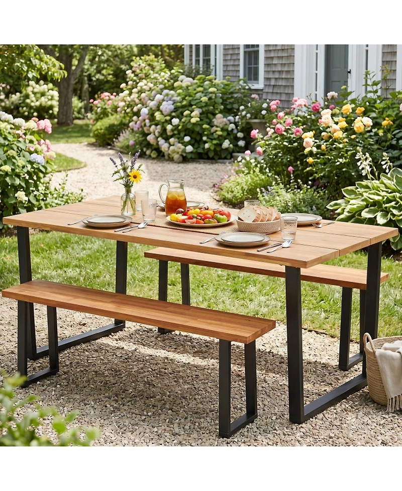 Sugift Set of 2 Wood Patio Dining Benches 47.5 Inch Long for Entryway Poolside