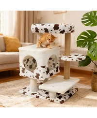 Sugift Modern Indoor Cat Tree Tower with Wide Upholstered Perch and 2-Entrance Cat Condo