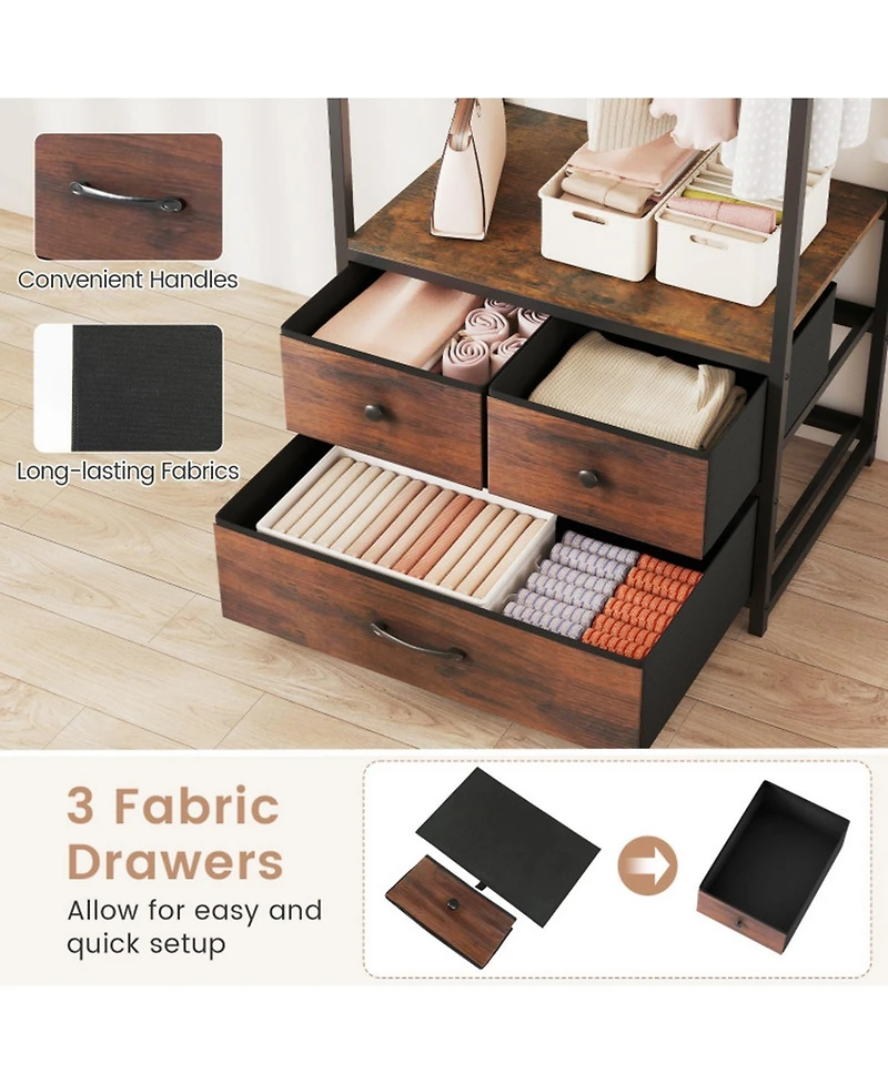 Sugift Clothes Rack with 3 Fabric Drawers Shelves Side Hooks and Metal Frame