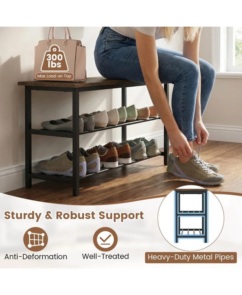 Sugift 3-Tier Shoe Rack Bench with Metal Slat Shelves and Long Wooden Seat