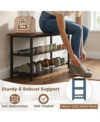 Sugift 3-Tier Shoe Rack Bench with Metal Slat Shelves and Long Wooden Seat