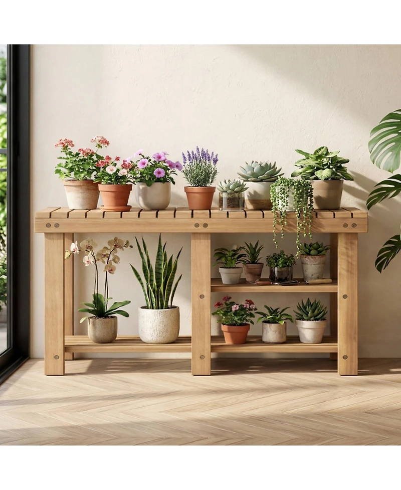 Sugift 3-Tier Solid Wood Shoe Rack Bench with Slatted Shelves