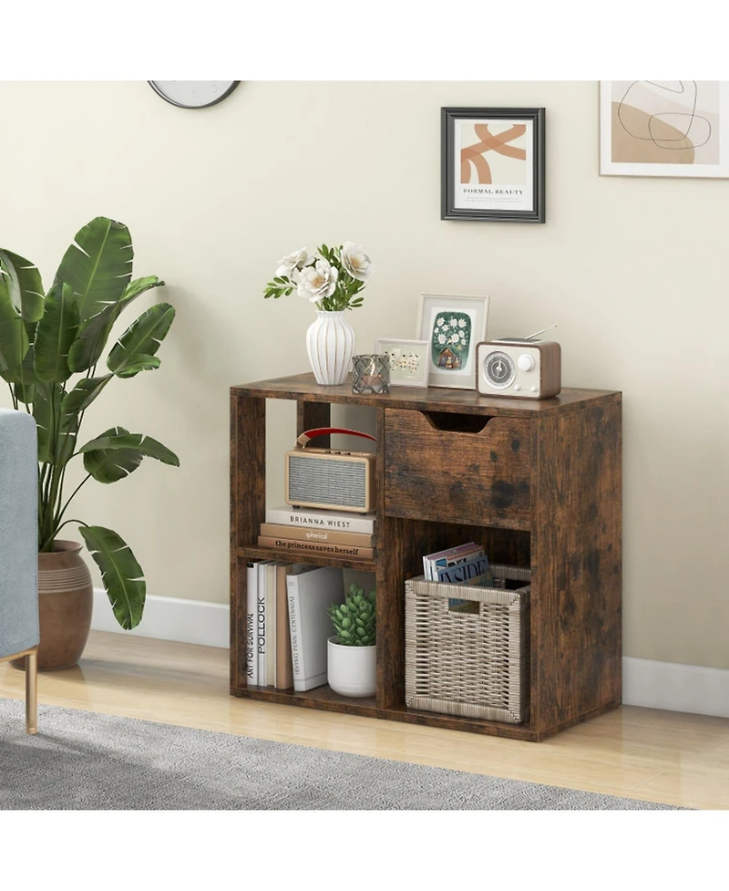 Sugift 3-Cube 2-Tier Wooden Bookcase Storage Shelf with Pull-Out Drawer