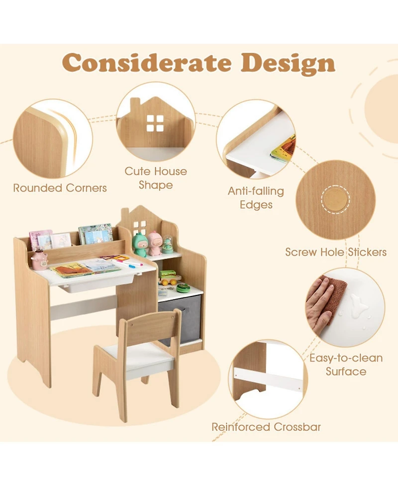 Sugift Kids Study Desk and Chair Set with 2 Open Shelves Drawer and Fabric Storage Bin