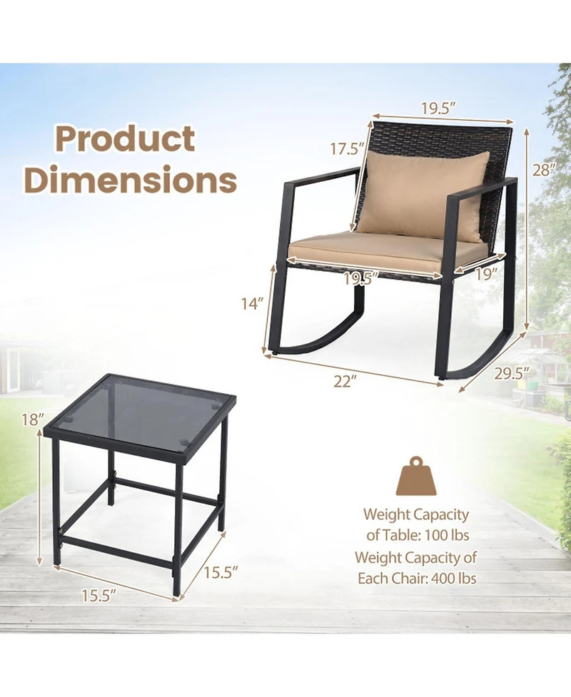 Sugift 3-Piece Outdoor Rocking Bistro Set with Soft Cushions and Tempered Glass Table