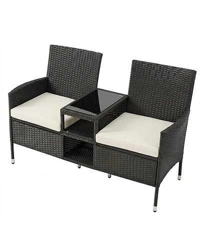 Sugift Outdoor Wicker Patio Loveseat with Built-In Glass Side Table