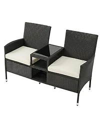 Sugift Outdoor Wicker Patio Loveseat with Built-In Glass Side Table