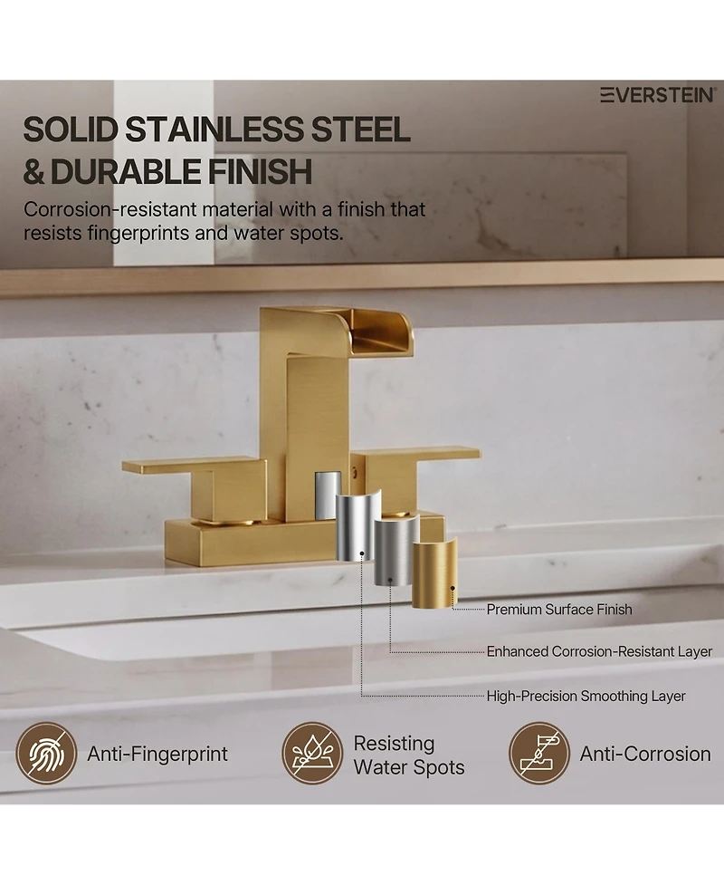 Everstein Centerset Bathroom Faucet 2-Handle, 4-Inch Waterfall Basin with Drain Assembly