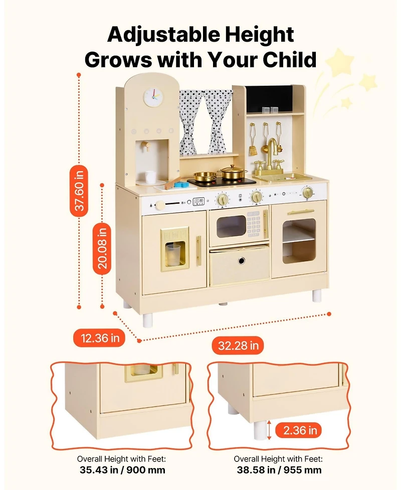 Hongge Realistic Lights and Sounds Wooden Play Kitchen, 12-Piece, Ages 3+