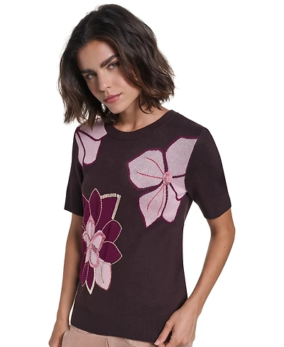 Karl Lagerfeld Paris Petite Floral-Print Sequin-Embellished Sweater