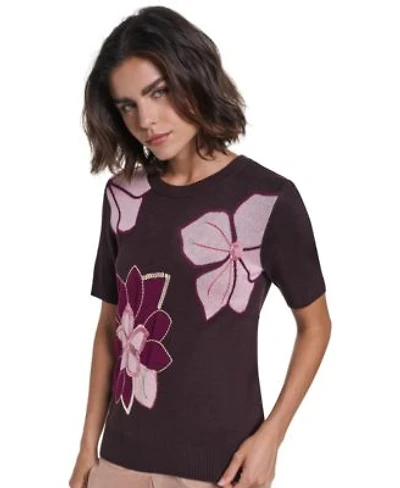 Karl Lagerfeld Paris Womens Floral Print Short Sleeve Embellished Sweater