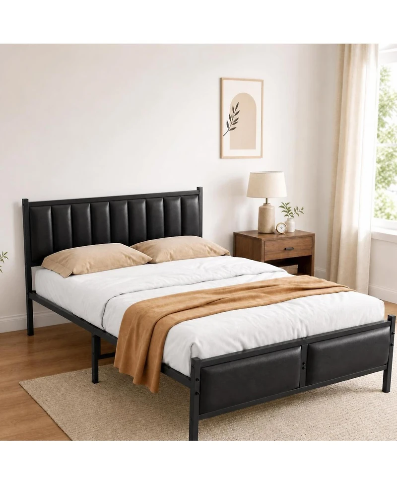 homfan Full Size Upholstered Platform Bed Frame with Pu Leather Headboard, No Box Spring