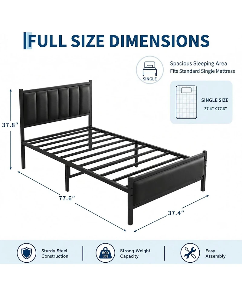 homfan Twin Size Pu Leather Platform Bed Frame with Upholstered Headboard, No Box Spring Needed