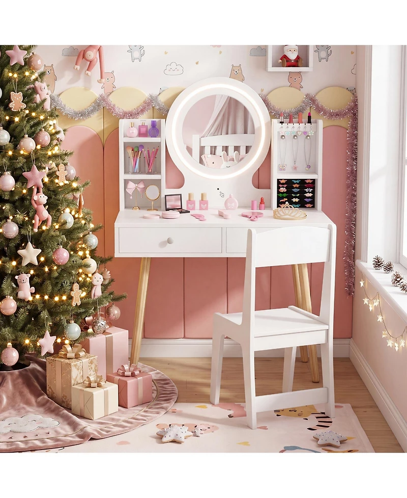 Costway Kids Vanity Set Princess Vanity Desk Set with 2-Color Led Lighted Acrylic Mirror