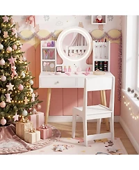 Costway Kids Vanity Set Princess Vanity Desk Set with 2-Color Led Lighted Acrylic Mirror
