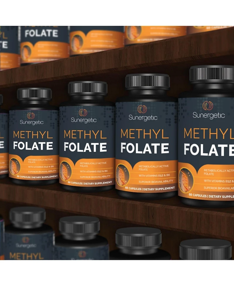 Sunergetic Methyl Folate Supplement with Vitamin B12 and Vitamin B6, 400 mcg Methyl Folate, 60 Capsules
