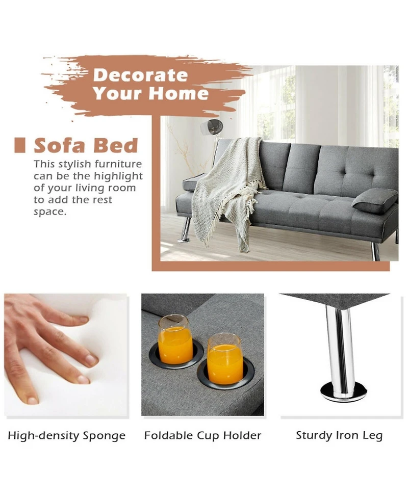 Gouun Convertible 66 Inch Futon Sofa Bed Linen Fabric with 2 Cup Holders